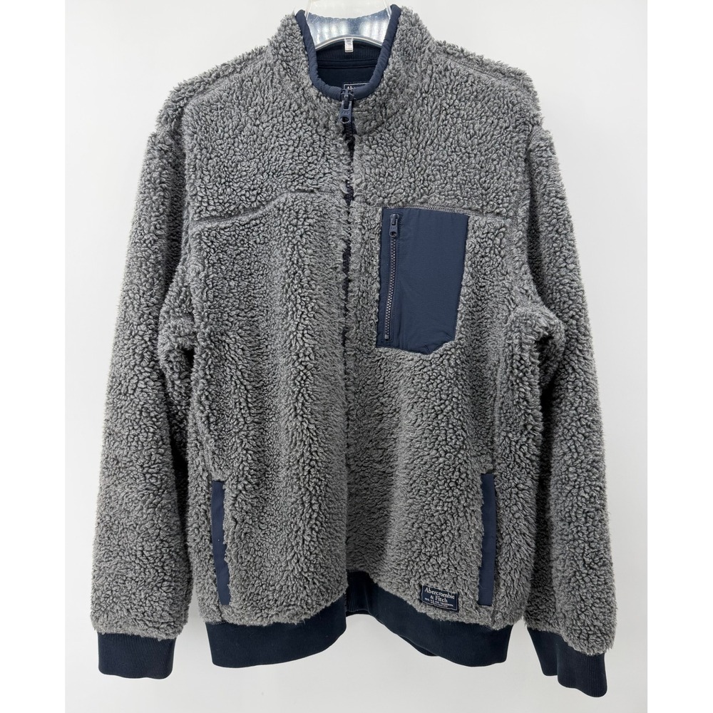 Abercrombie & Fitch Mens XL Gray Sherpa Fleece Full Zip Jacket Navy Trim Lined